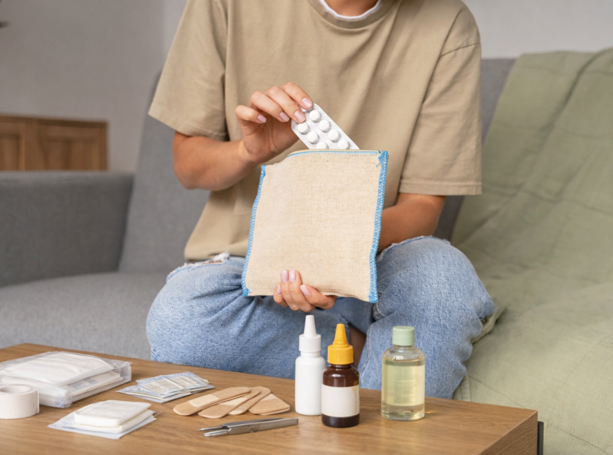 Mujer preparando un botiquín de viaje seguro.