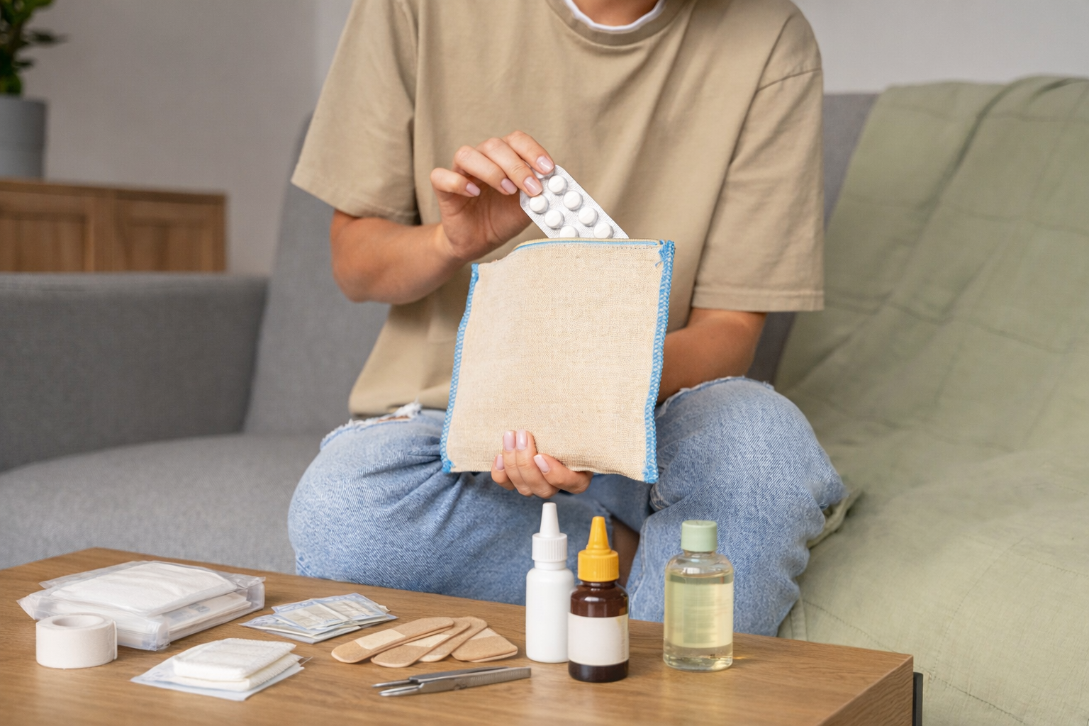 Mujer preparando un botiquín de viaje seguro.