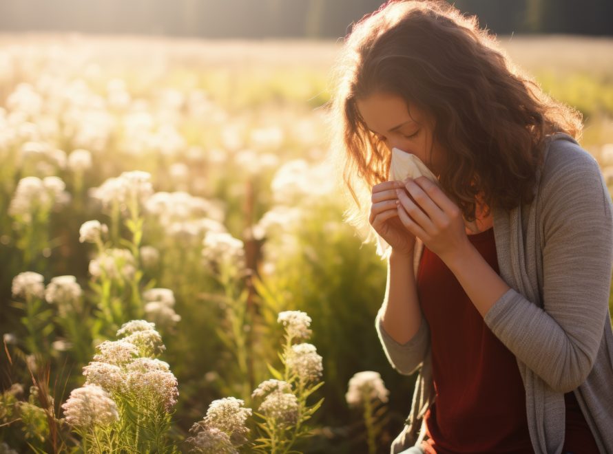 Mujer con estornudos y picor de ojos por alergia de primavera