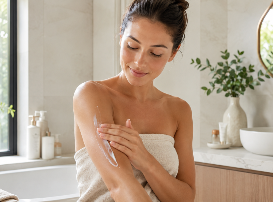 Mujer aplicando crema hidratante corporal en el brazo en un ambiente luminoso de cuidado personal.
