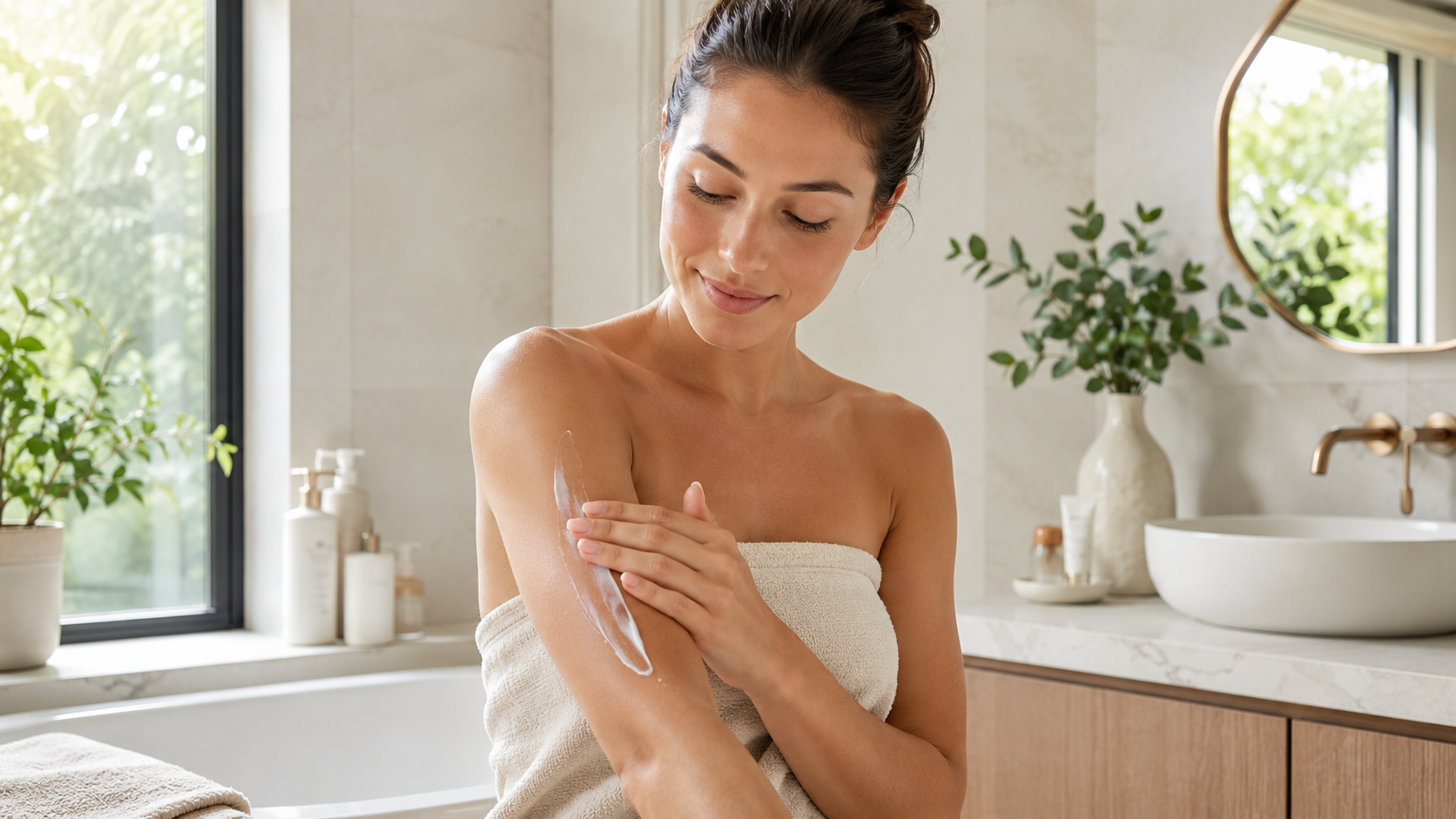 Mujer aplicando crema hidratante corporal en el brazo en un ambiente luminoso de cuidado personal.