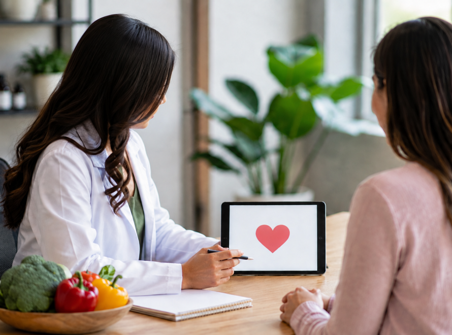 Profesional de la salud o nutricionista asesorando a un paciente sobre hábitos saludables y control de peso en una consulta.