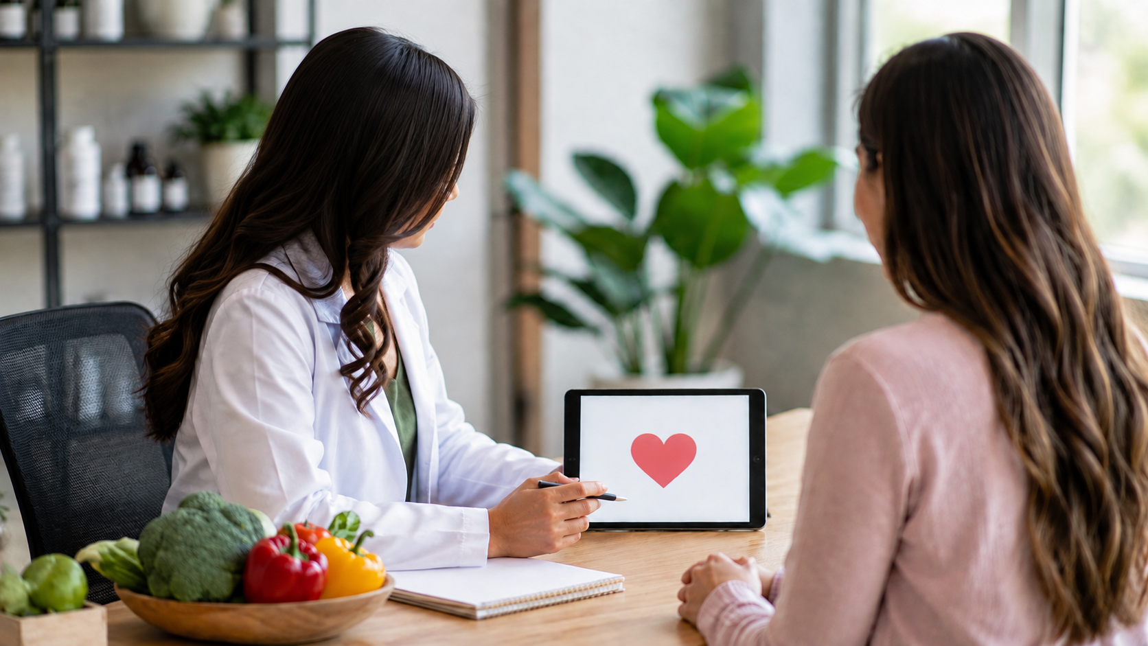 Profesional de la salud o nutricionista asesorando a un paciente sobre hábitos saludables y control de peso en una consulta.