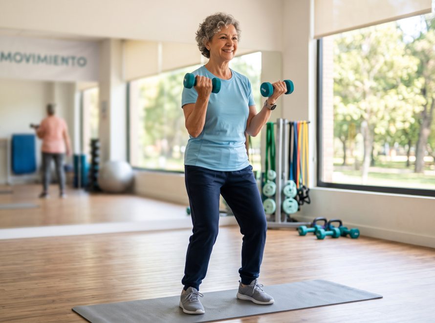 Persona mayor realizando ejercicios de fuerza moderados para favorecer la prevención y tratamiento de la osteoporosis.