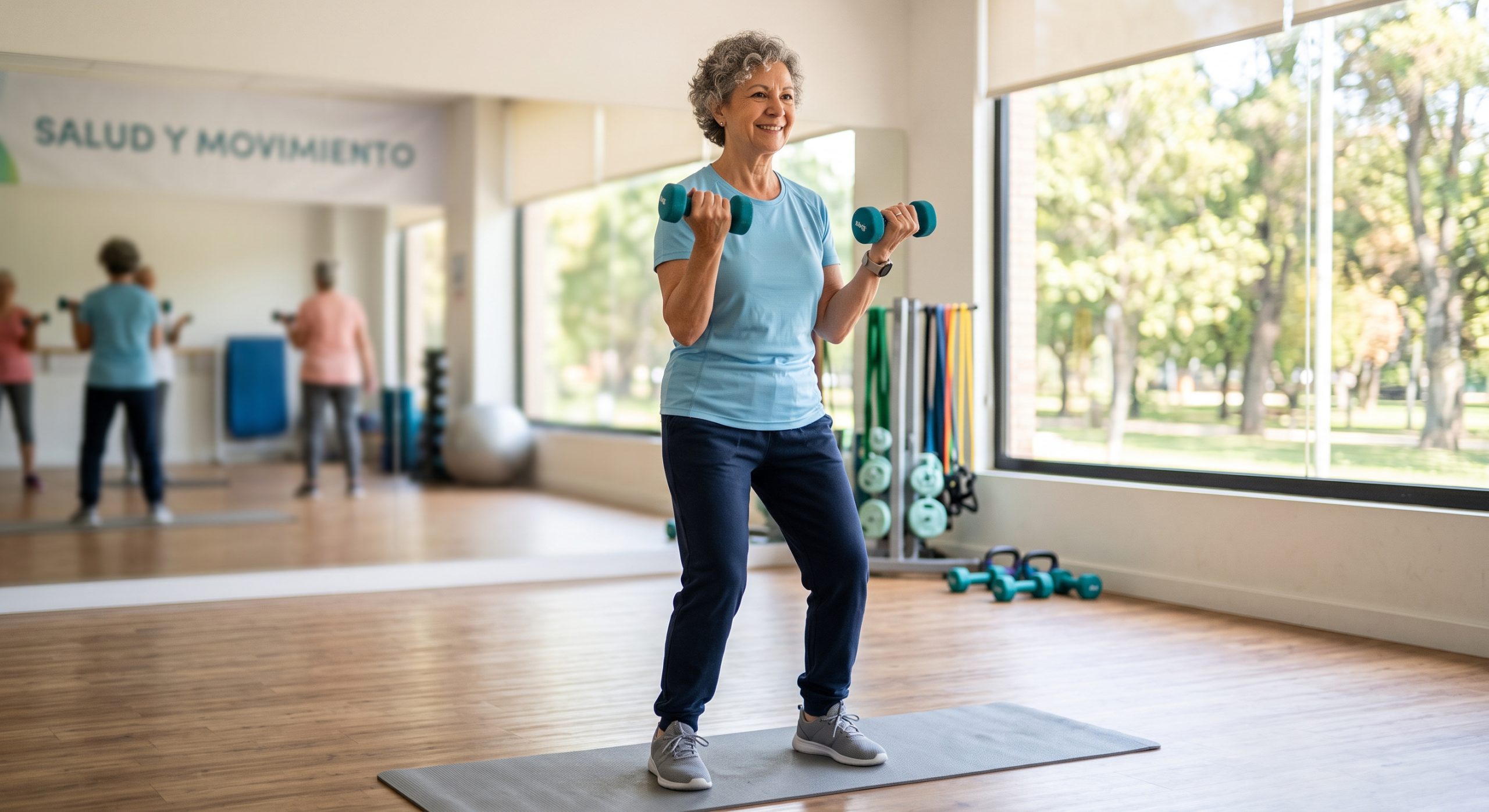 Persona mayor realizando ejercicios de fuerza moderados para favorecer la prevención y tratamiento de la osteoporosis.